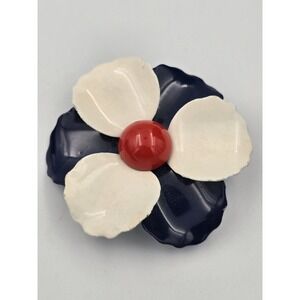 Vintage Enamel Flower Brooch Patriotic Victory Pin Red White Blue Mid-Century